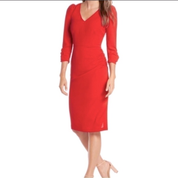 eliza J Red 3/4 Sleeve V-Neck Midi Dress Sz 4 - Picture 1 of 11